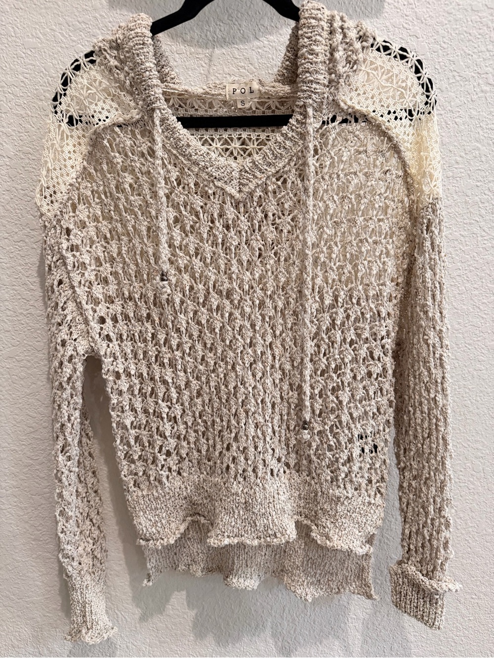 POL Light Cream Open knit Crochet Hooded Sweater shirt sheer sz S - Picture 3 of 4